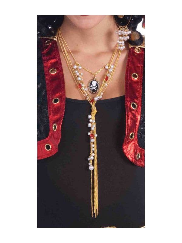 Long Gold Chain Pirate Costume Necklace with Beads and Cameo - Main View