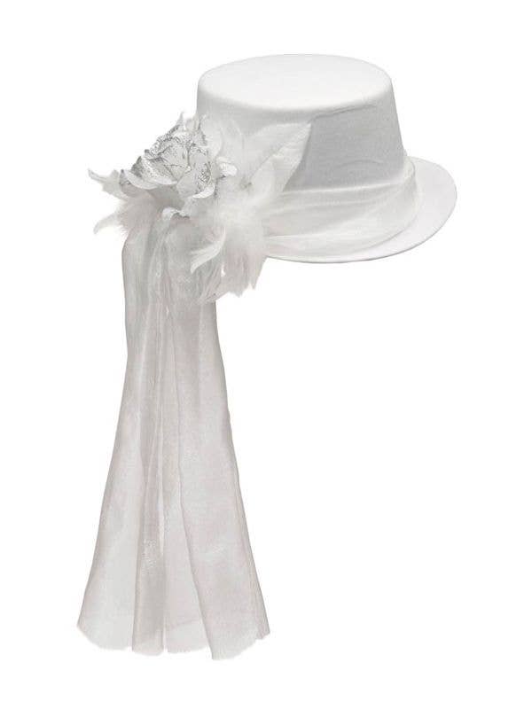 Adult's White Top Hat With Mesh Veil With Flower And Feathers Halloween Costume Hat Main Front Image 