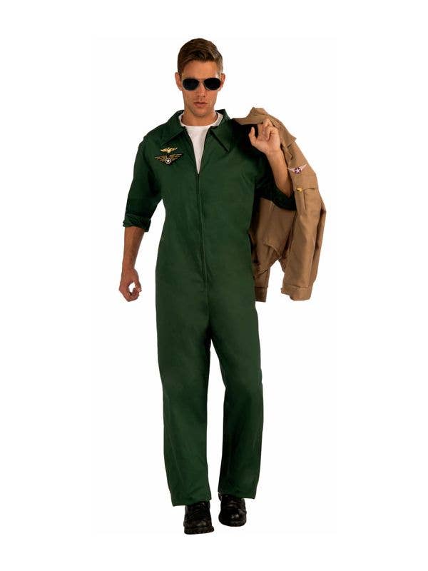 Long Green Aviator Costume Jumpsuit | Mens Flight Uniform Outfit
