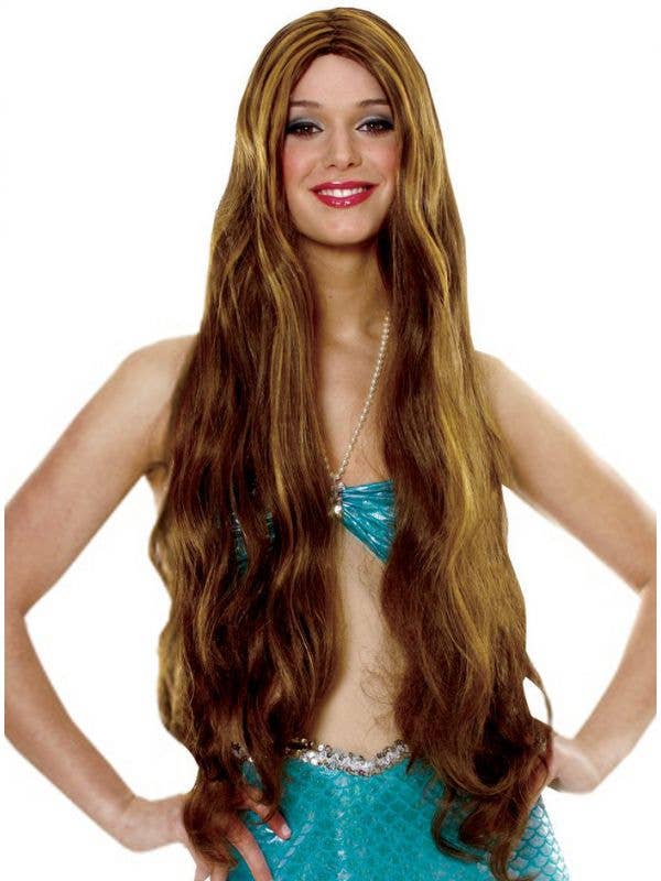 Women's Long Brown Costume Wig with Highlights - Main Image