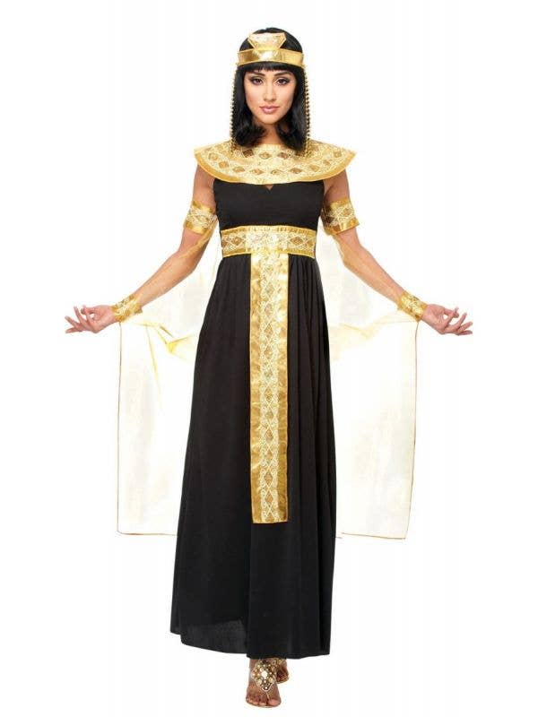 Deluxe Women's Black and Gold Queen Cleopatra Fancy Dress Costume Main Image