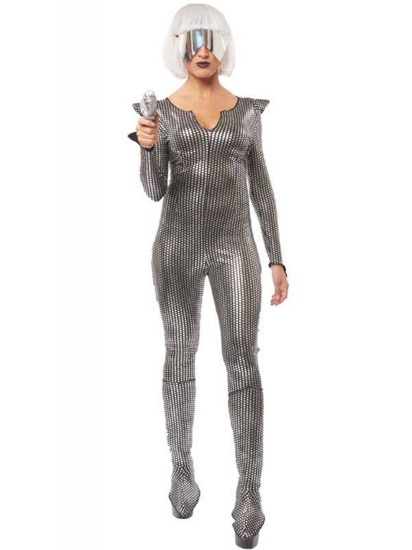 Galaxy Girl Women's Metallic Silver and Black Space Costume Main Image