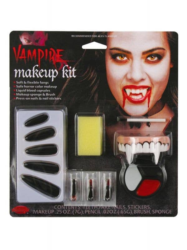 Vampiress Costume Makeup Kit with Fangs, Blood Capsules and Fake Black Nails