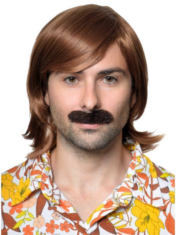 70s Dude Mens Brown Wig and Moustache | Brown 70s Costume Wig for Men