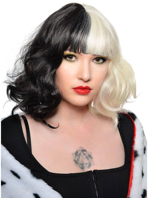 Deluxe Short Curly Black and White Heat Resistant Cruella De Vil Costume Wig with Fringe - Front View 