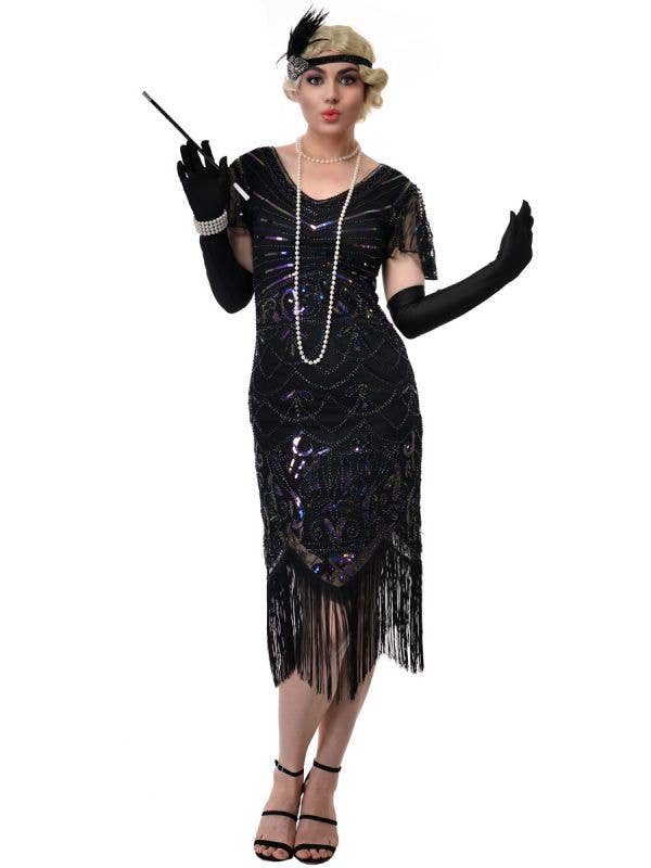 Cap Sleeve Black Gatsby Dress with Sequins | Flapper Costume for Women
