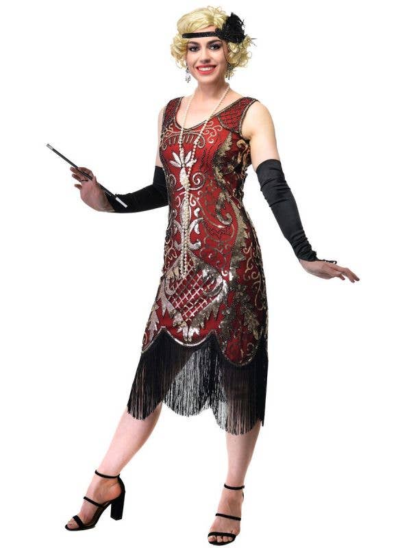 Plus Size Women's Long Red Gatsby Flapper Dress With Gold Sequins and Black Fringe Trim - Front Image