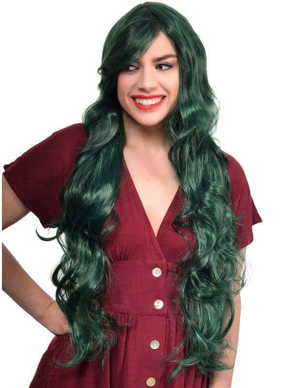 Extra Long Curly Forest Green Women's Costume Wig with Side Fringe - Front Image