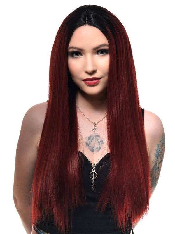 Womens Deep Burgundy Red Straight Synthetic Fashion Wig with T-Part Lace Front - Front Image