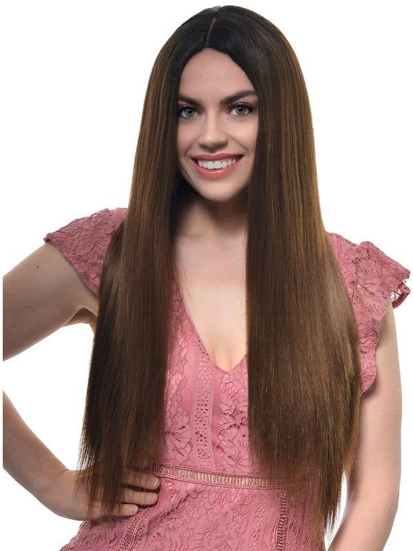 Women's Straight Rich Brown Synthetic Fashion Wig with Dark Roots and Lace Part - Front Image