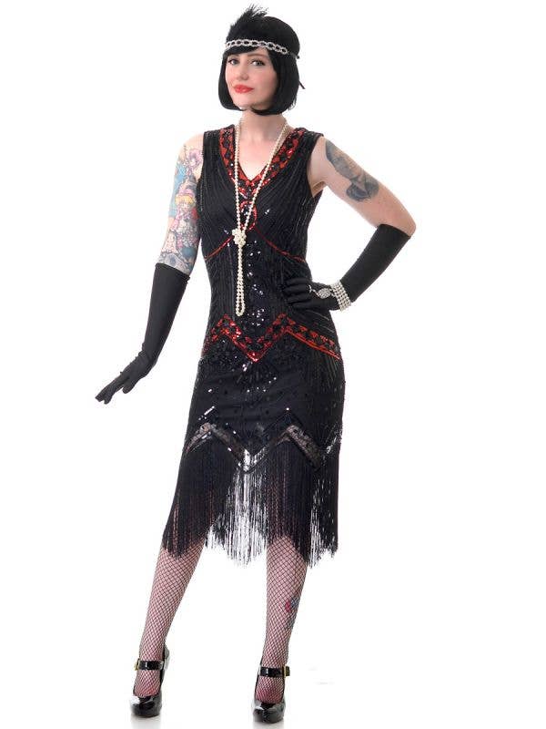 Women's Deluxe Black and Red Sequinned 1920s Gatsby Dress Costume - Main View