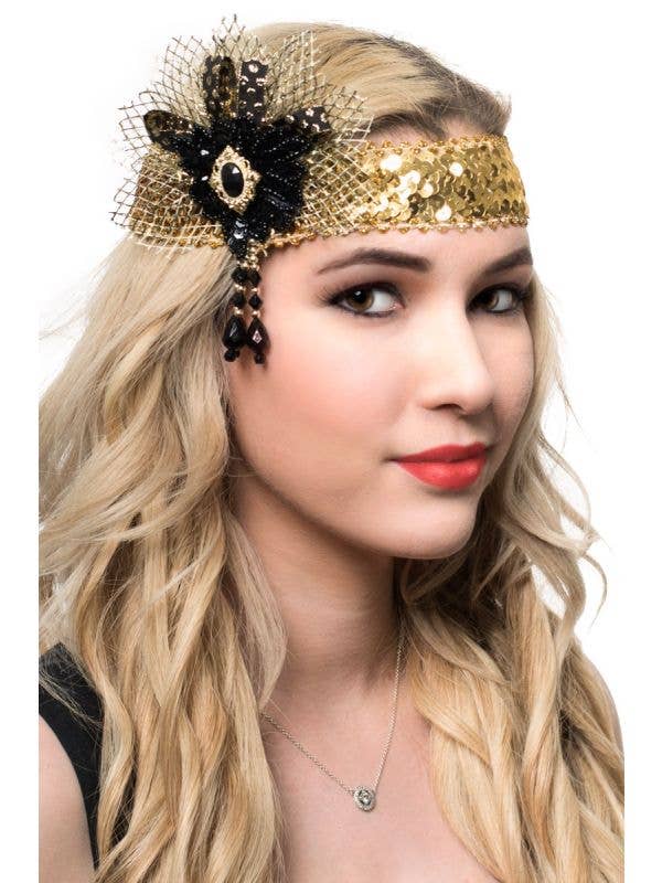 Black and Gold Sequined 1920's Flapper Headband Costume Accessory - Main Image