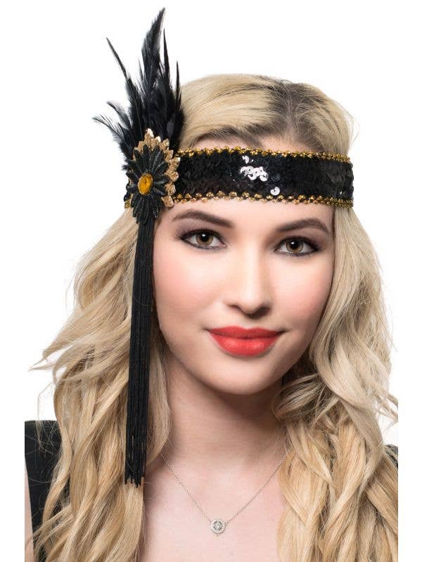 Black and Gold Feather and Tassels Flapper Headband Costume Accessory - Main Image