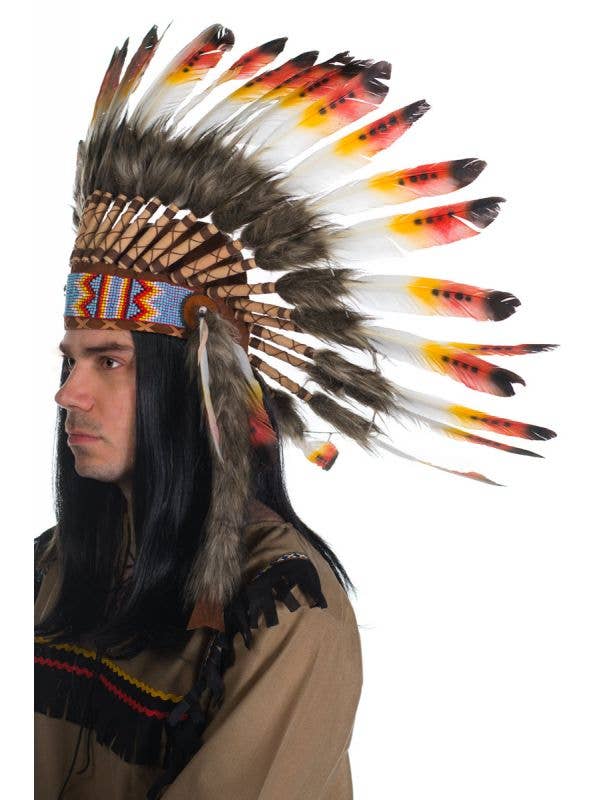 Red and Yellow Deluxe Indian Chief Feather Headdress Side
