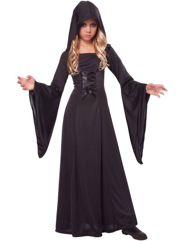 Girl's Black Long Hooded Robe Costume Front View