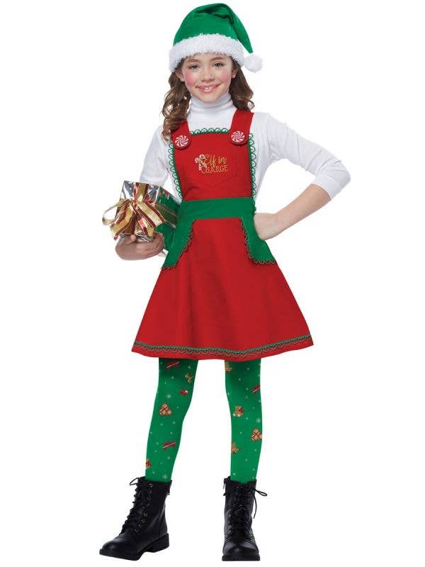 Girl's Christmas Elf In Charge Green And Red Holiday Fancy Dress Costume Main Image 