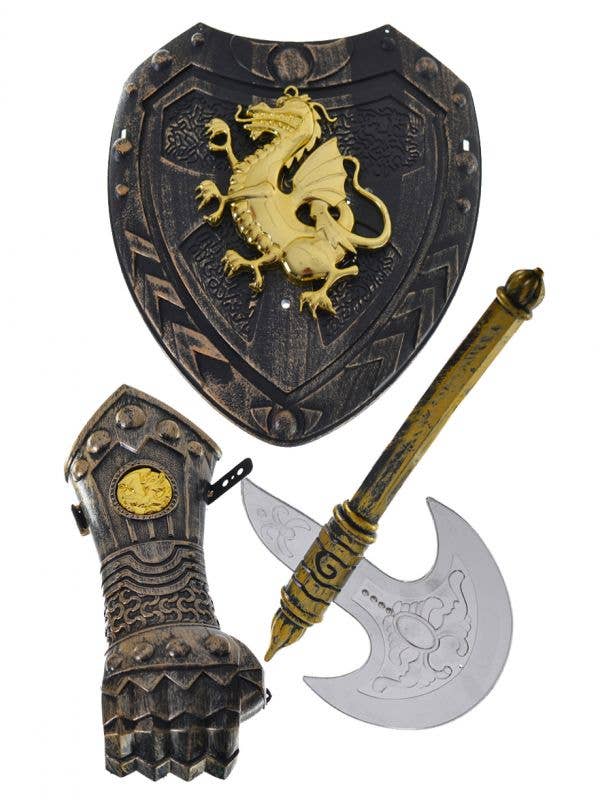 3 Piece Child's  Medieval Knight Weapon Accessory Set Includes Shield Axe and Arm Guard  
