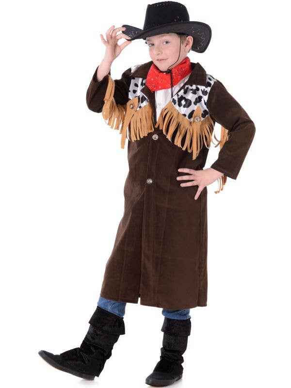 Long Brown Faux Suede Wild West Gunslinger Cowboy Costume for Boys - Main Image