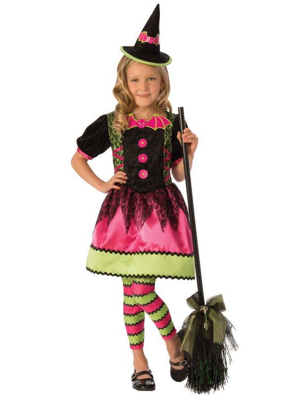 Bright Pink and Green Girl's Witch Halloween Costume - Main Image