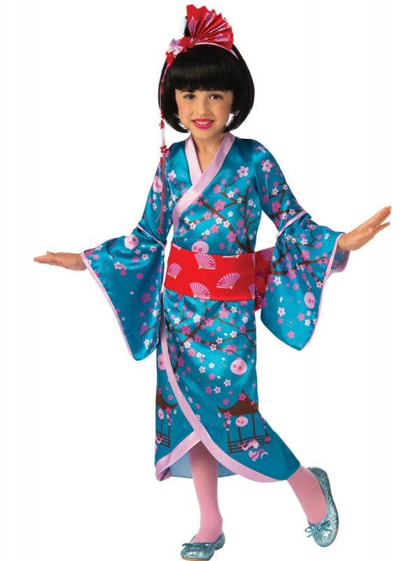 Japanese Geisha Girl's Blue and Pink Cherry Blossom Princess Dress Up Costume
