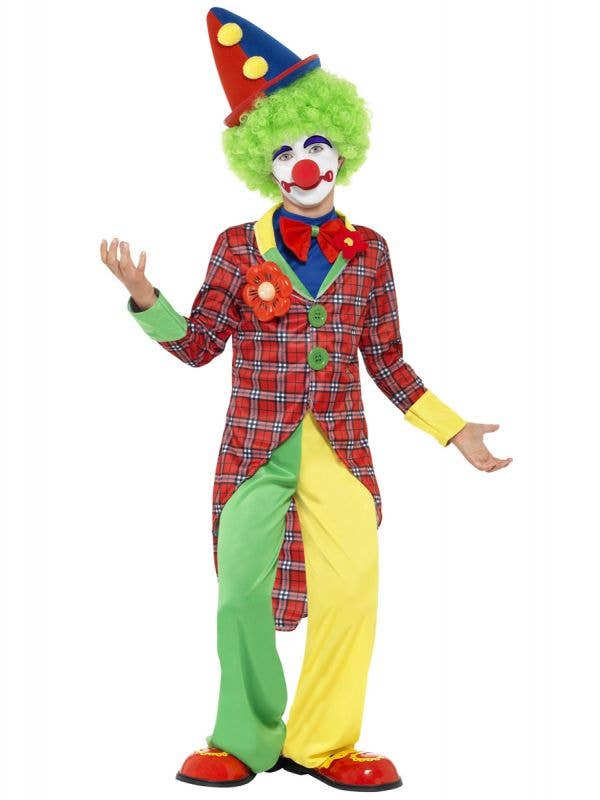 Boy's Circus Clown Green and Yellow Carnival Costume Front View