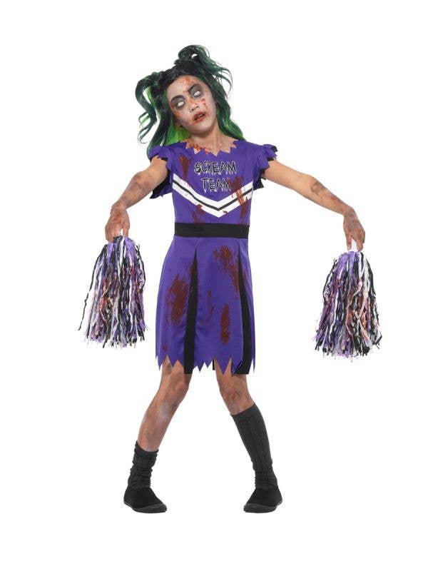 Girls Purple Zombie Cheerleader Halloween Fancy Dress Costume Front Image