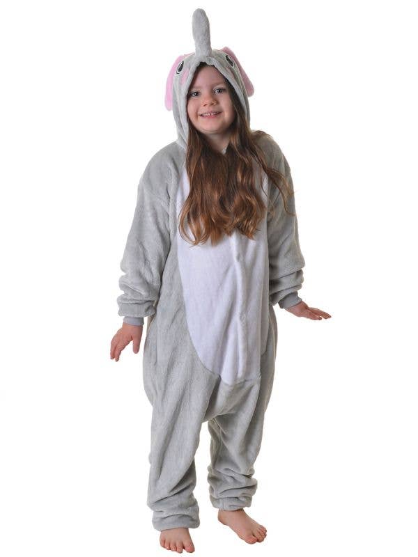 Image of Cute Plush Grey Elephant Children's Onesie Dress Up Costume - Front View