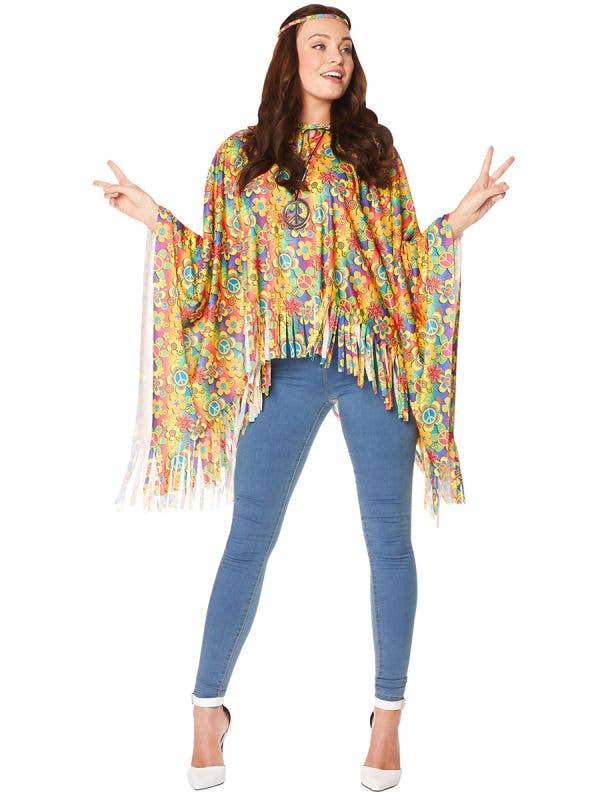 Flower Power Poncho Multi Colour Hippie Womens Costume Poncho - Main Image