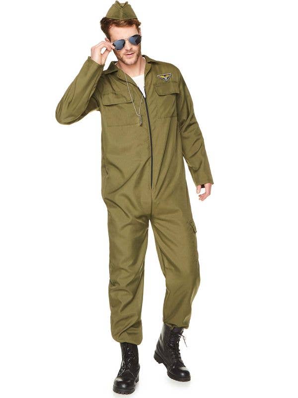 Fighter Pilot Top Gun Khaki Jumpsuit Flight Uniform 80s Mens Costume Main Image