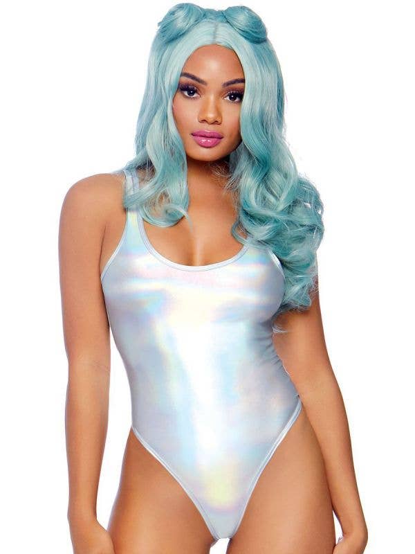 Women's Sexy Silver Holographic Bodysuit Front Image