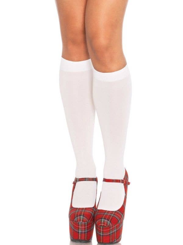 Basic White Opaque Knee High Women's Stockings Front Image