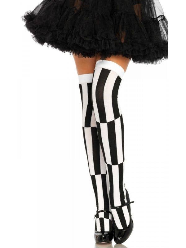 Optical Illusion Black and White Striped Thigh High Stockings
