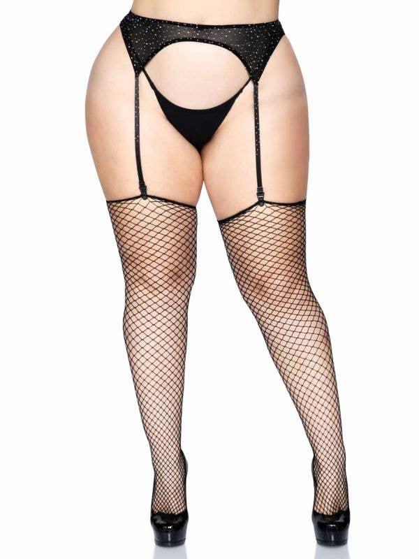 Plus Size Women's Diamond Net Black Thigh High Stockings with Unfinished Tops Main Image