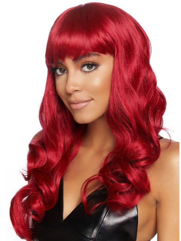 Women's Long Wavy Curls Rd Costume Wig with Fringe Front View