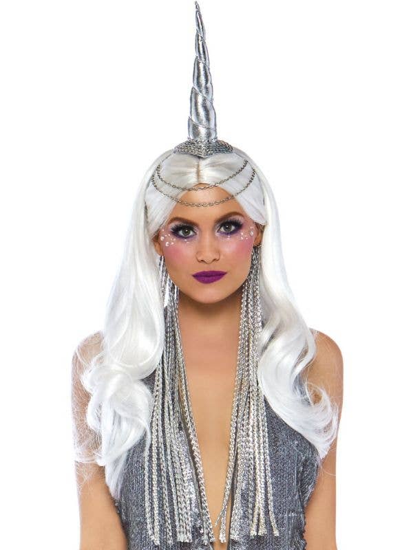 Women's Deluxe Metallic Silver Unicorn Horn on Headband With Silver Braided Mane
