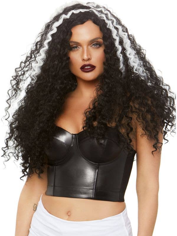 Women's Long Curly Black and White Streak Costume Wig Front View