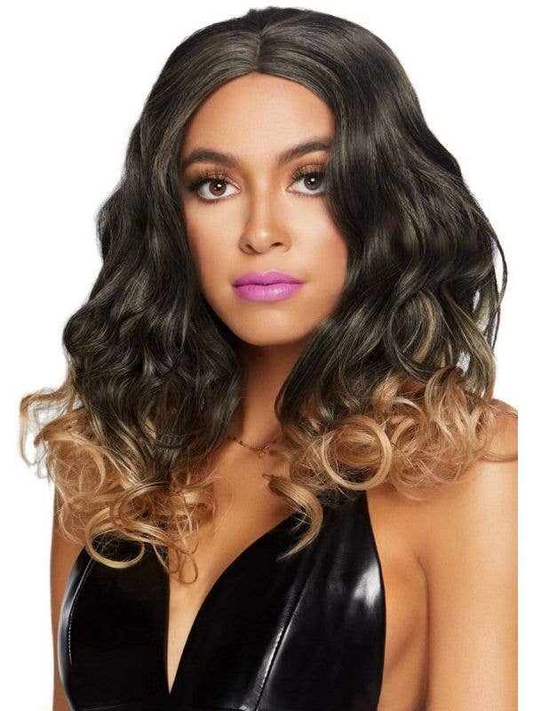 Women's 18 Inch Short Curly Brown to Blonde Ombre Costume Wig Front Image