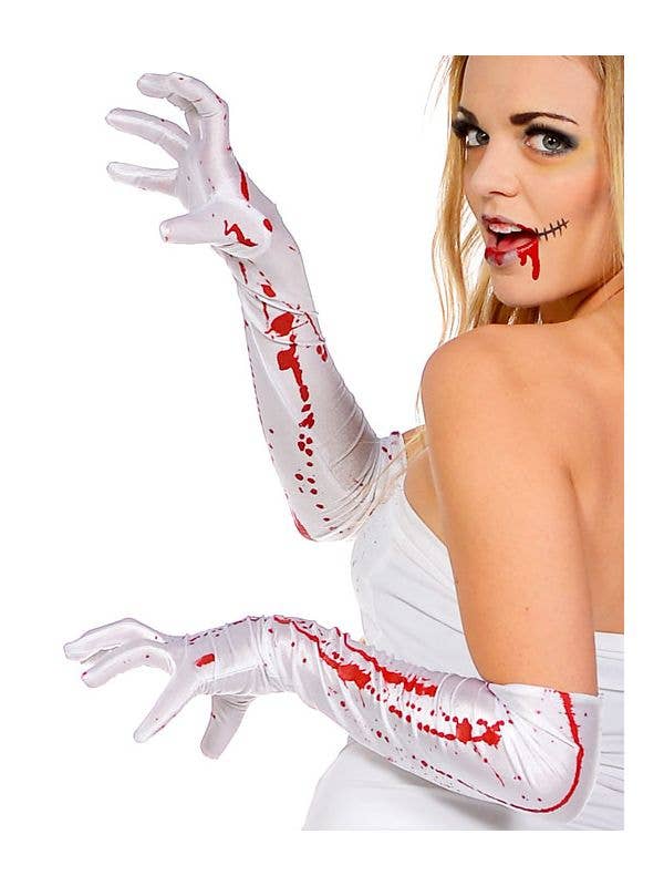 Long White Blood Splattered Halloween Costume Gloves