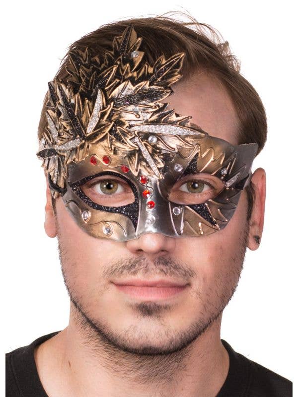 Bronze and Silver Autumn Leaves Mens Masquerade Mask - Main View