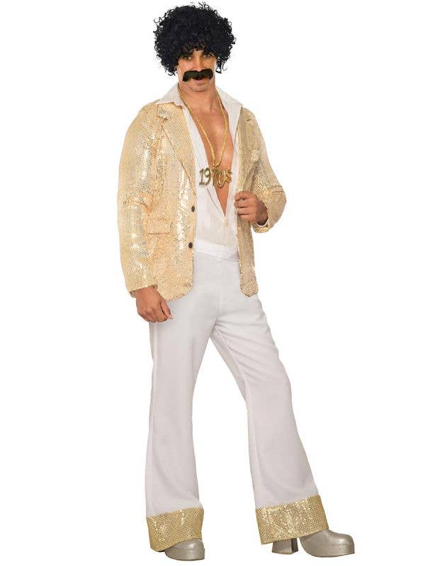 Image of 70's Men's White Disco Pants with Gold Sequin Trim - Main Image