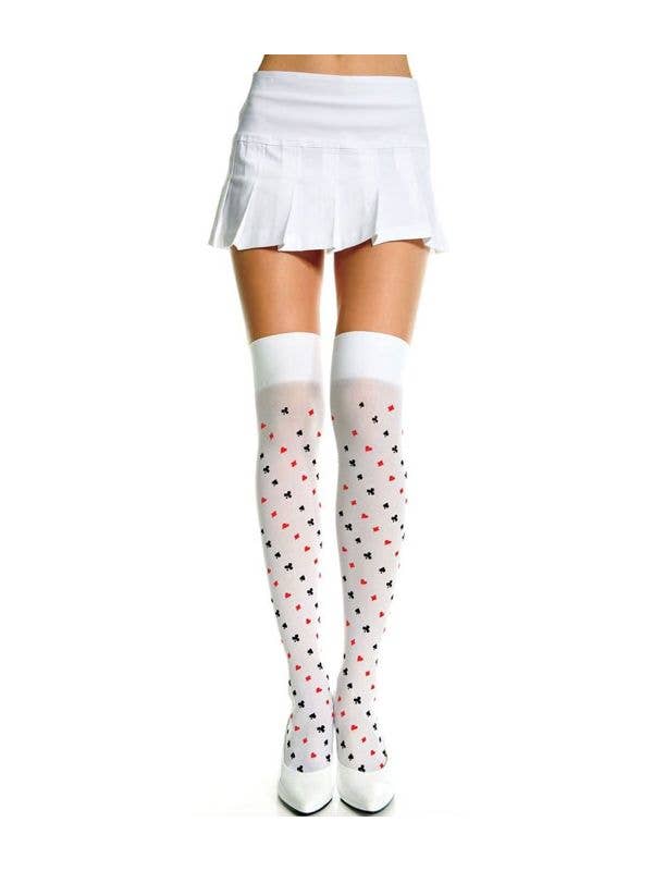 Opaque White Thigh High Stockings with Playing Card Suit Pattern
