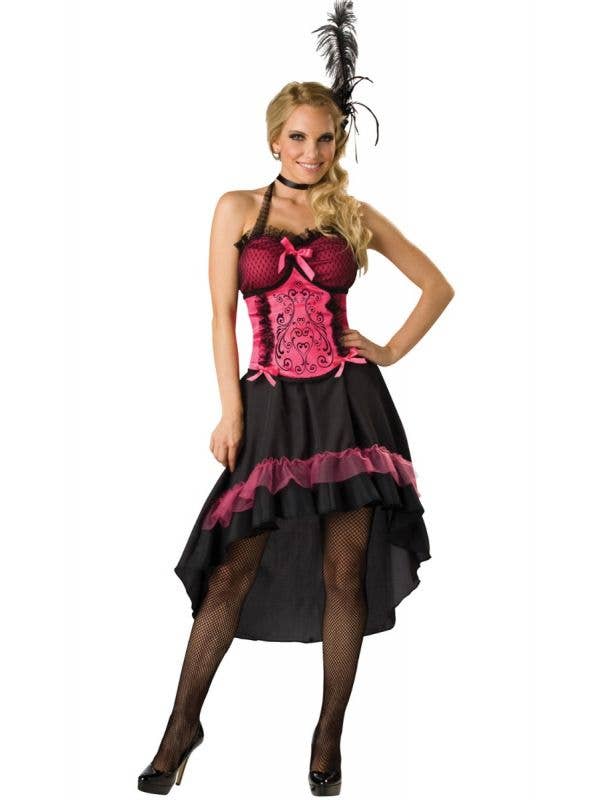Women's Pink and Black Saloon Girl Fancy Dress Costume Main Image