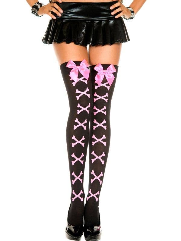 Women's Black Thigh High Stockings with Pink Bows and Crossbones