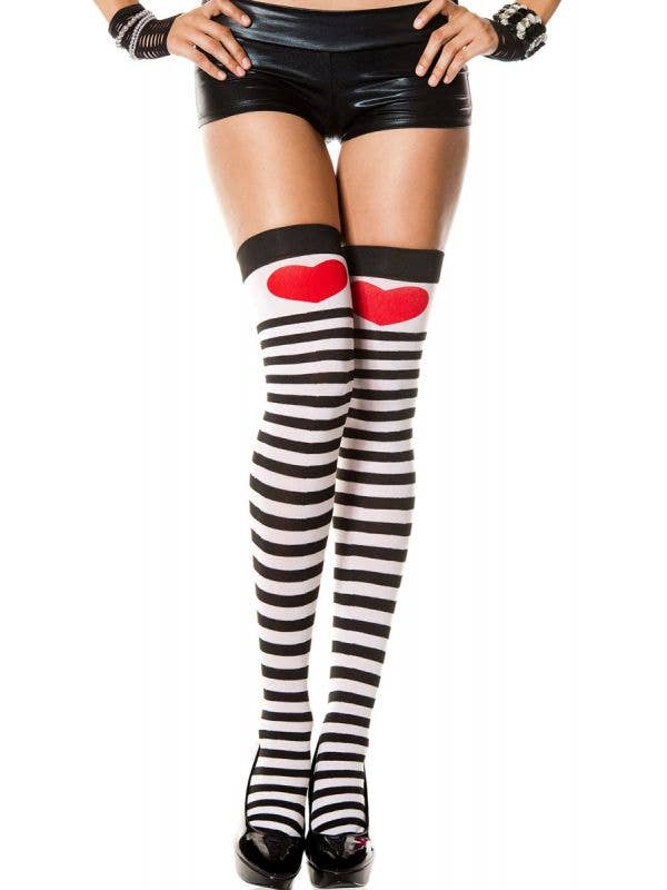 Black And White Striped Queen Of Hearts Stockings