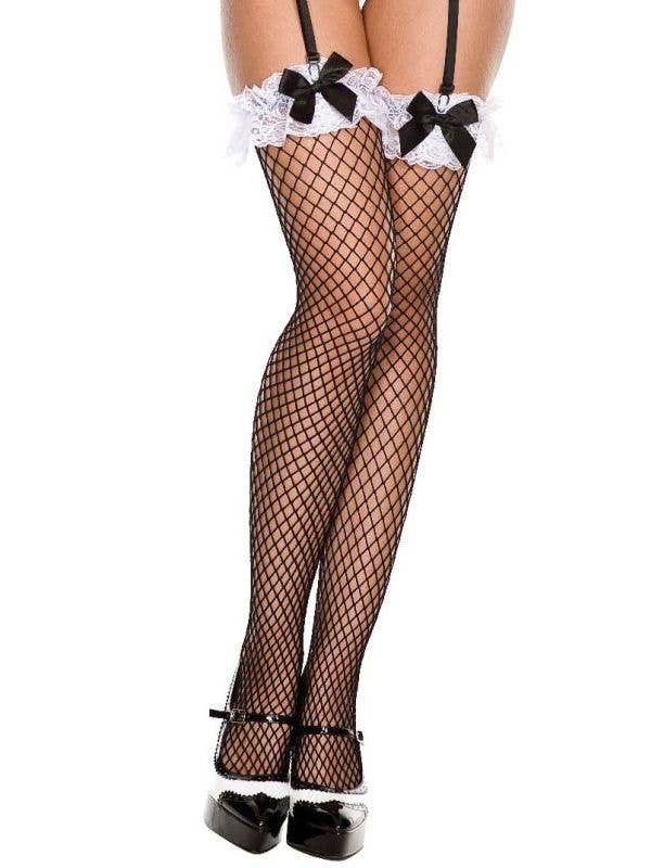 Fishnet Thigh Highs with White Ruffled Lace and Black Bows