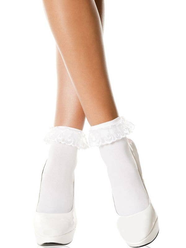 Women's White Opaque Lace Ruffle Anklet Stockings