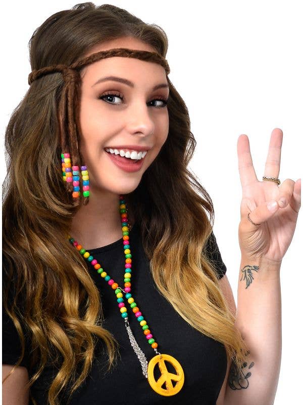 Soft Brown Plaited 70s Hippie Headband with Beads - Main Image