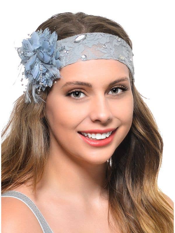 1920s Jewelled Grey Lace Headband With Side Flower