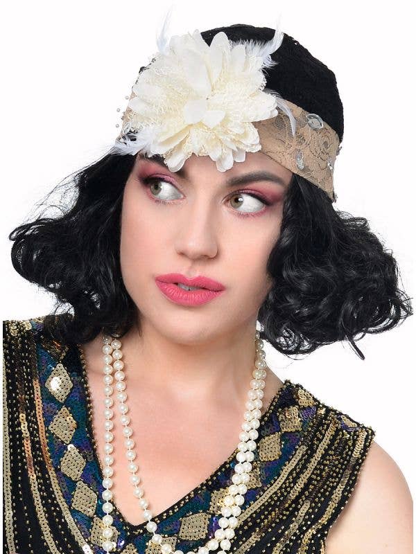 Beige Lace 1920's Costume Hat with Large Cream Flower