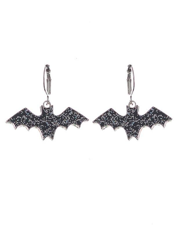 3.5cm Drop Black and Silver Glitter Bat Earrings Halloween Jewellery - Main Image
